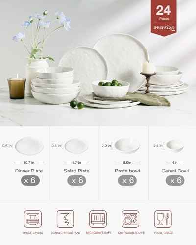 Famiware Porcelain Dinnerware Set for 6, 24-Piece, Polar White