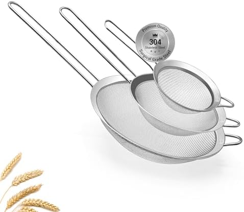 3 Fine Mesh Strainers Set with Handle for Kitchen - Sizes 7", 4.7"