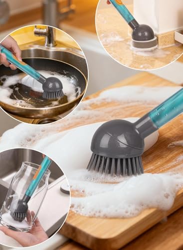 Soap Dispensing Dish Brush with Handle, 5-Piece Set, Grey