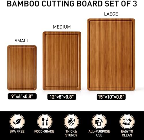 3 Pack Non Toxic Bamboo Cutting Board Set for Kitchen with Non Slip