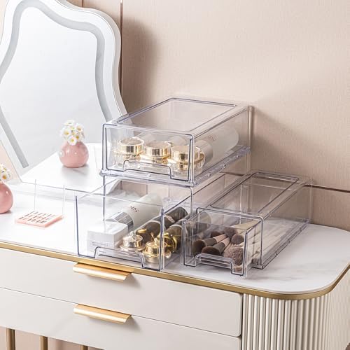 Clear Stackable Storage Drawers 2 Pack XL, BPA-Free Plastic Pull Out