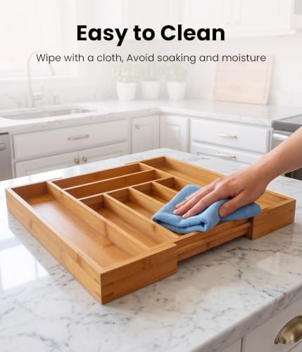 Expandable Bamboo Silverware Organizer, Kitchen Utensil Drawer