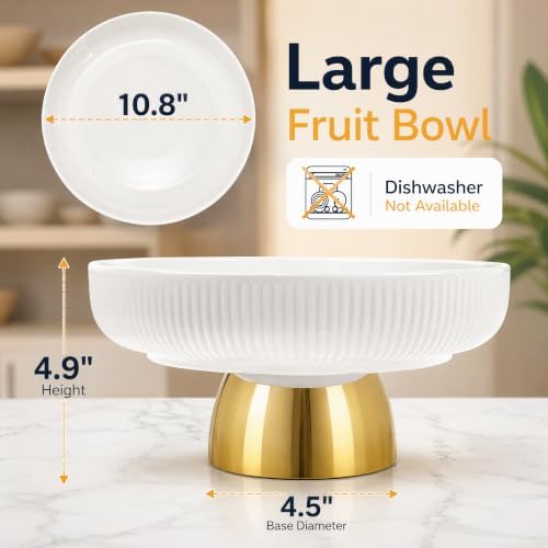 11 In Ceramic Fruit Bowl for Kitchen Counter, Home Decor, White
