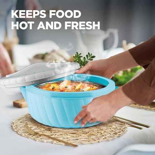 Milton Flora Regular Set Insulated Inner Steel Casserole for Roti 3Pc (750ml 1.25L & 2.1L) Hot Box for Kitchen, Hot Pot with Lid, Chapati Box, Roti Casserole, Serving Boxes, Hotcase, Cyan Blue