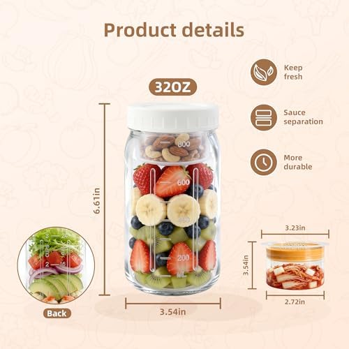 4Pack Glass Salad Jars with lids meal prep- 32oz Leakproof container