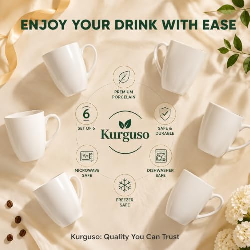 White Porcelain Coffee Mugs Set of 6, 13 Ounce Coffee Cups with