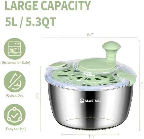 Stainless Steel Salad Spinner, ASWETMEL 5.3Qt Large Lettuce Dryer