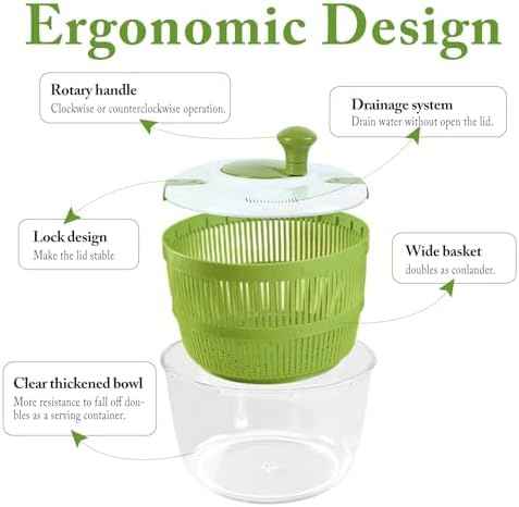 Large Salad Spinner with Lid, 5 Qt Capacity, Manual Vegetable Dryer with Double-Lock Handle, Quick and Easy Multi-Use Lettuce Spinner, Vegetable Dryer, Fruit Washer