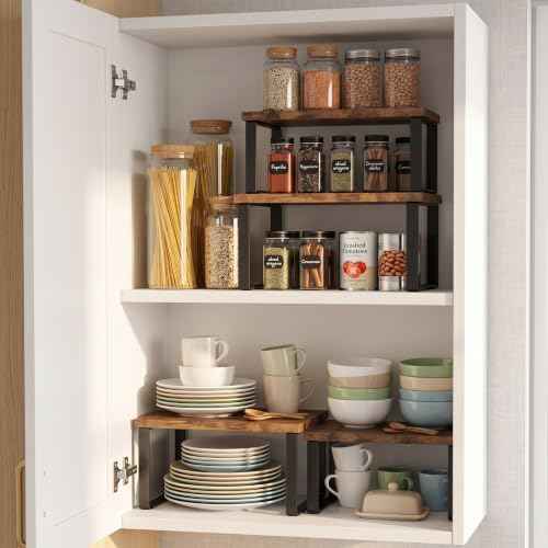 Cabinet Organizer Shelf, Kitchen Counter Shelves Set of 2, Expandable Spice Rack,Kitchen Storage Riser,Stackable, for Kitchen, Countertop, Office Desk, Living Room, Rustic Brown