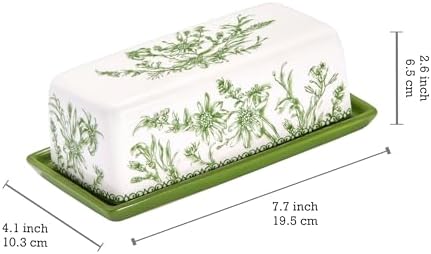 Bico Green Garden Toile Ceramic Butter Dish with Lid, Wide Butter
