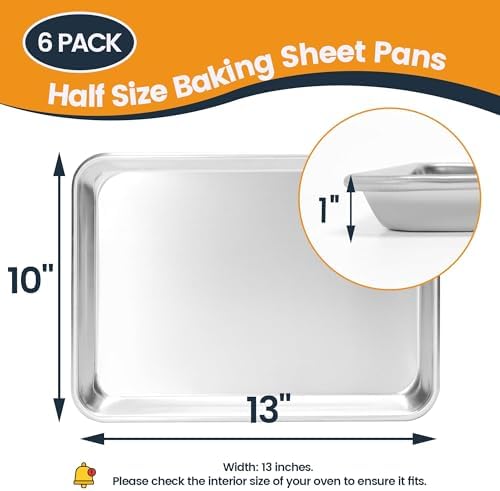 6 Pack Quarter Size Aluminum Baking Sheet Pan, 13 x 10 in