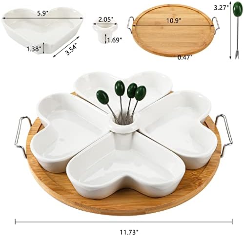 ZEAYEA 11 Inch Appetizer Serving Tray with Holder, Ceramic Divided Serving Platter with Food Picks for Christmas, Relish Tray for Chips and Dip, Veggies, Candy and Snacks, Parties, White