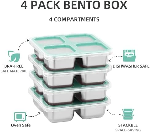 BEFOY 4 Pack Stainless Steel Snack Containers with Lids, 4 Compartment