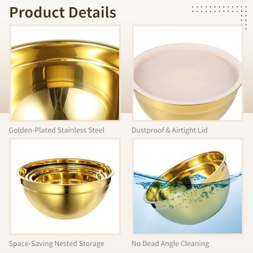 5 PCS Golden Mixing Bowls, Stainless Steel Salad Bowls with Airtight