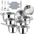 Stainless Steel Cookware Set - 24 PCS Kitchen Cookware Sets with 3-Ply Frying Pan and Steamer, Cool Handles, Heavy-Duty Chef Quality, Pots and Pans Set Compatible with All Stoves
