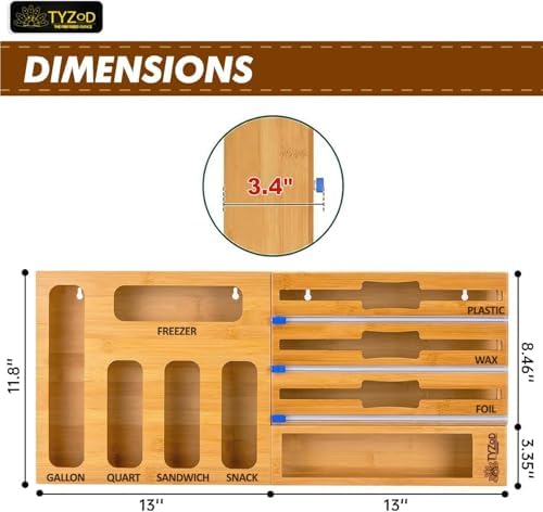 9-in-1 Bamboo Storage Bag Organizer with Cutter, Kitchen Drawer & Wall