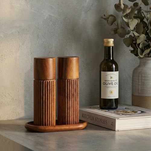 Acacia Wood Salt and Pepper Grinder Set with Matching Tray