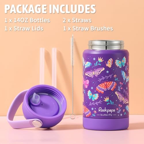 rockpapa 14oz Kids Stainless Steel Water Bottle with Straws, Butterfly