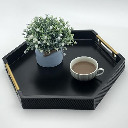 Serving Tray with Polished Metal Handles, Hexagon Coffee Table Tray