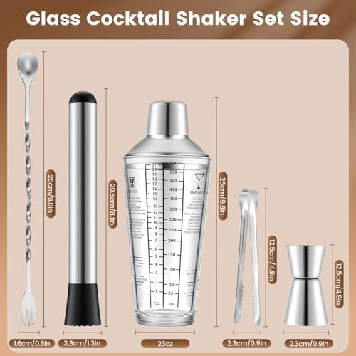 3 Pack Glass Cocktail Shaker Set, 23oz Bartender Kit with Built-in