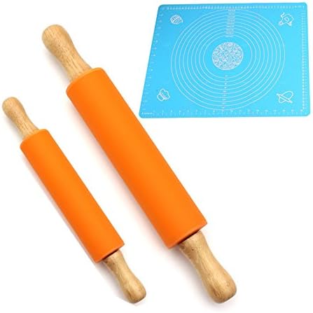Silicone Wood Handle Rolling Pin Set -2 Orange Dough Rollers