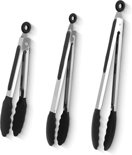 3-Piece Cooking Tongs, 7", 9" and 12", Black