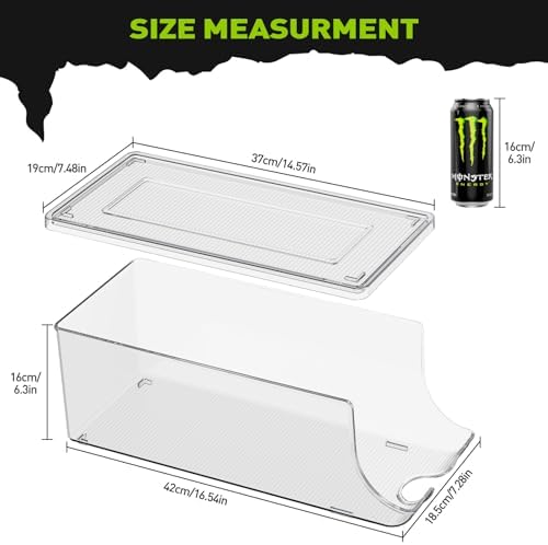 SCAVATA 2 Pack Tall Skinny Can Organizer for Refrigerator, Stackable Large Soda Cans of 16oz & 17oz Beverage Energy Drink Container Holder Dispenser with Lid for Fridge, Clear Storage Plastic Bins