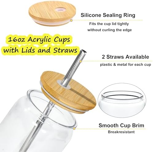 16oz Plastic Cups with Lids and Straws & DIY Sticker Reusable, 12 Pack