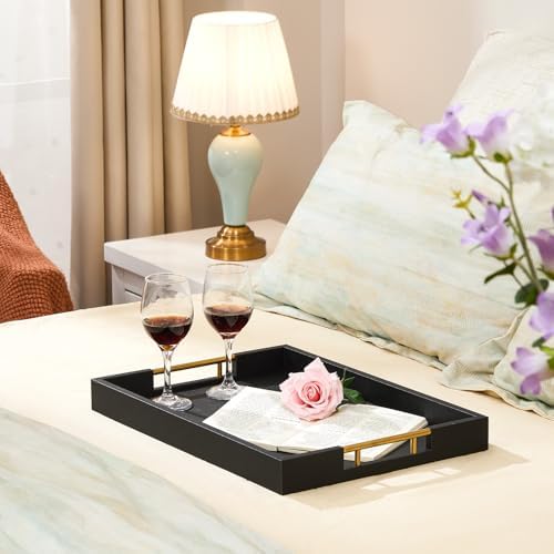 Rectangular 18×14 Inch Black Wood Ottoman Serving Tray with Metal