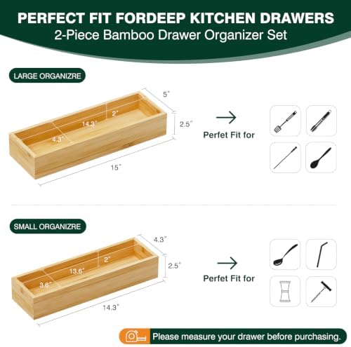 Bamboo Kitchen Drawer Organizer, Set of 2, Nested, 15" x 5" x 2.5"