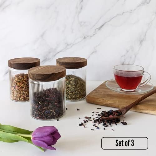 Mason & Fable Ribbed Glass Jar with Wooden Lid 17oz, Set of 3