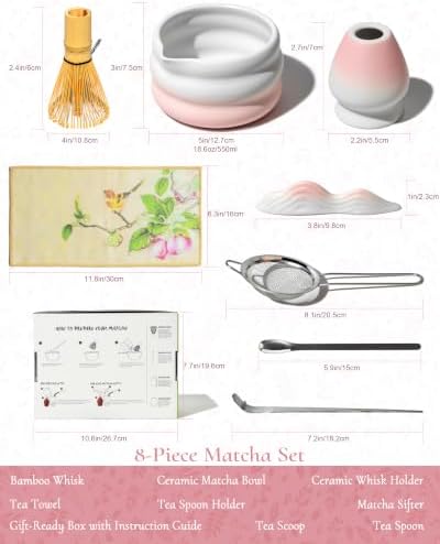 Matcha Whisk Set, 8 Pcs Matcha Kit with Ceramic Bowl, Gradient Pink