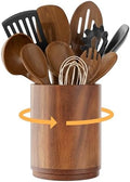 ZUJJAFY Utensil Holder, 360° Rotating Acacia Wood Kitchen Utensil Holder for Counter, 7.2" Large Cooking Utensil Crock for Countertop, Wooden Utensils Organizer for Cooking Spatula Storage