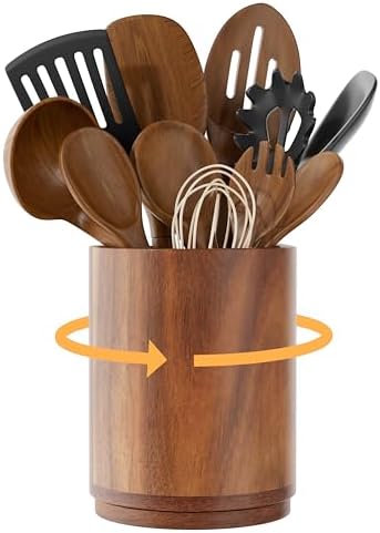 ZUJJAFY Utensil Holder, 360° Rotating Acacia Wood Kitchen Utensil Holder for Counter, 7.2" Large Cooking Utensil Crock for Countertop, Wooden Utensils Organizer for Cooking Spatula Storage