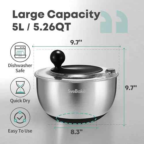 5.3Qt Stainless Steel Salad Spinner with Stop Button, BPA-Free Vegetable Lettuce Spinner, Transparent Lid & Drainage Hole, Non-Slip Base, Dishwasher Safe Fruit Washer