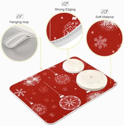 OTVEE Snowflakes and Baubles Dish Drying Mat for Kitchen Counter