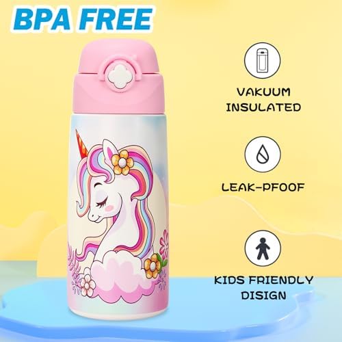 Girls Insulated Water Bottle with Covered Pop-Up Straw,16 oz Kids Cups