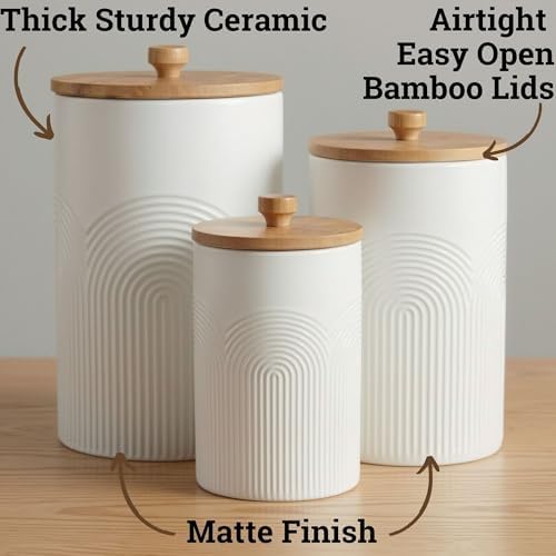 Ceramic Kitchen Canisters for Countertop Set of 3 w/ Airtight Bamboo