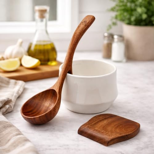 Prime Teak Wooden Ladle Set with Spoon Rest, Large Deep Bowl Soup