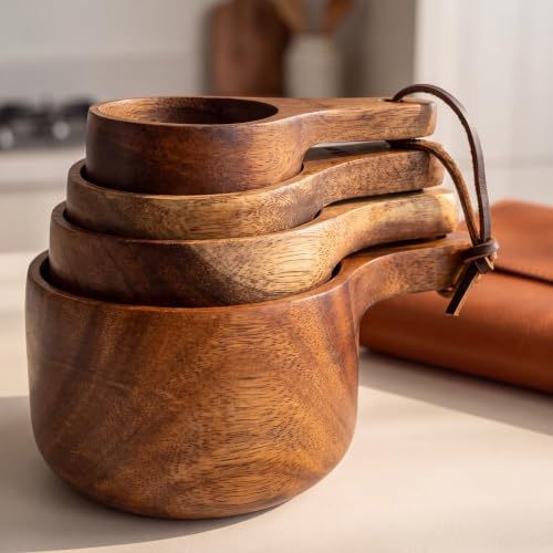 Acacia Wood Measuring Cups and Spoons Set, 8 Piece Handcrafted Wooden