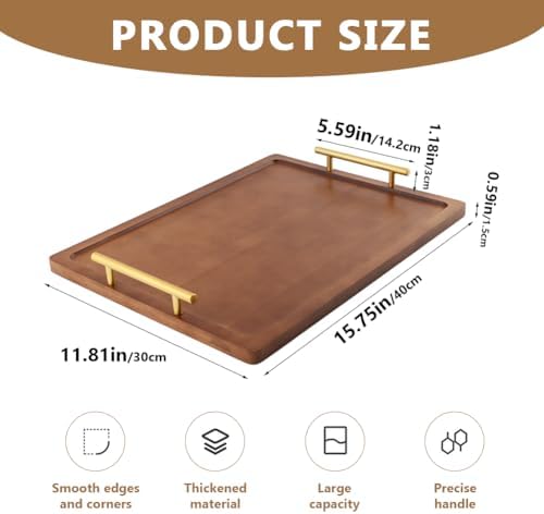 Acacia Wood Serving Tray,15.75 x 11.8 Inch Ottoman Tray with Gold