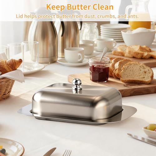 Stainless Steel Butter Dish with Lid and Handle, 7.5" x 5", Fits 2
