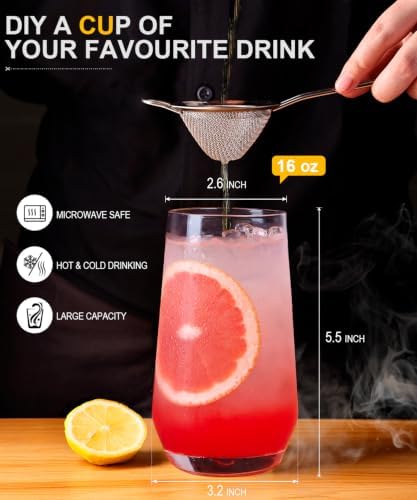 16oz Drinking Glasses Set of 8,Lead-Free Crystal Tall Water Glass