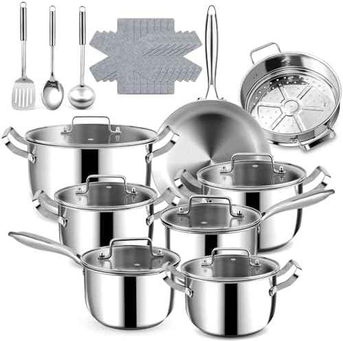 Stainless Steel Cookware Set - 24 PCS Kitchen Cookware Sets with 3-Ply Frying Pan and Steamer, Cool Handles, Heavy-Duty Chef Quality, Pots and Pans Set Compatible with All Stoves
