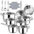 Stainless Steel Cookware Set - 24 PCS Kitchen Cookware Sets with 3-Ply Frying Pan and Steamer, Cool Handles, Heavy-Duty Chef Quality, Pots and Pans Set Compatible with All Stoves
