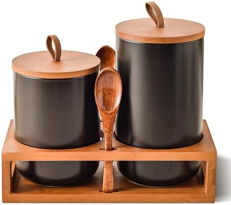Black Ceramic Canister Set of 2 with Bamboo Lids, Wooden Stand &