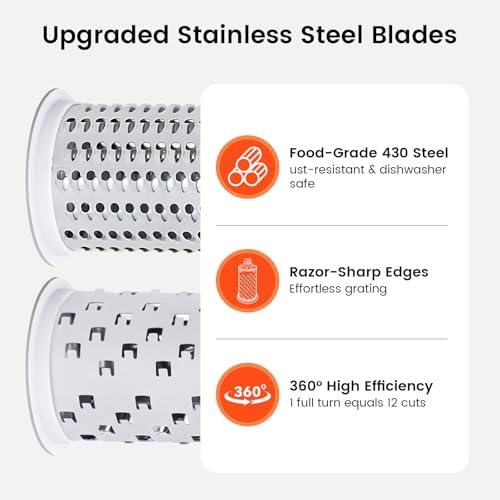 Rotary Cheese Grater Hand Crank, 2 Stainless Steel Drums