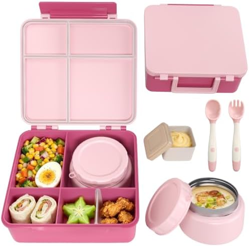 Kids Lunch Box 4 Compartment Bento with 8oz Food Jar,Pink