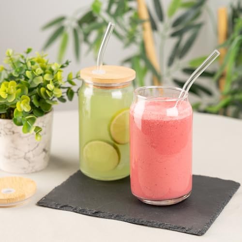 Glass Cups with Lids and Straws, 16 Oz - Set of 2 Reusable Iced Cold
