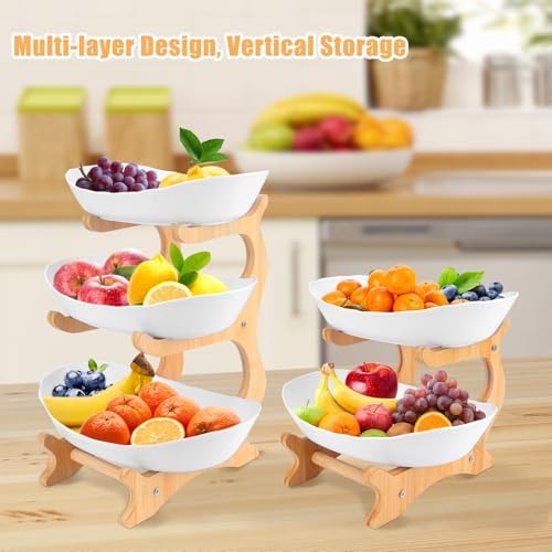 RETON 2 Tier Fruit Bowl for Kitchen Countertop, Plastic Fruit Basket Rack with Bamboo Wood Stand for Tiered Vegetable Storage Tray, Salad Cake Snack Dessert Party (White)